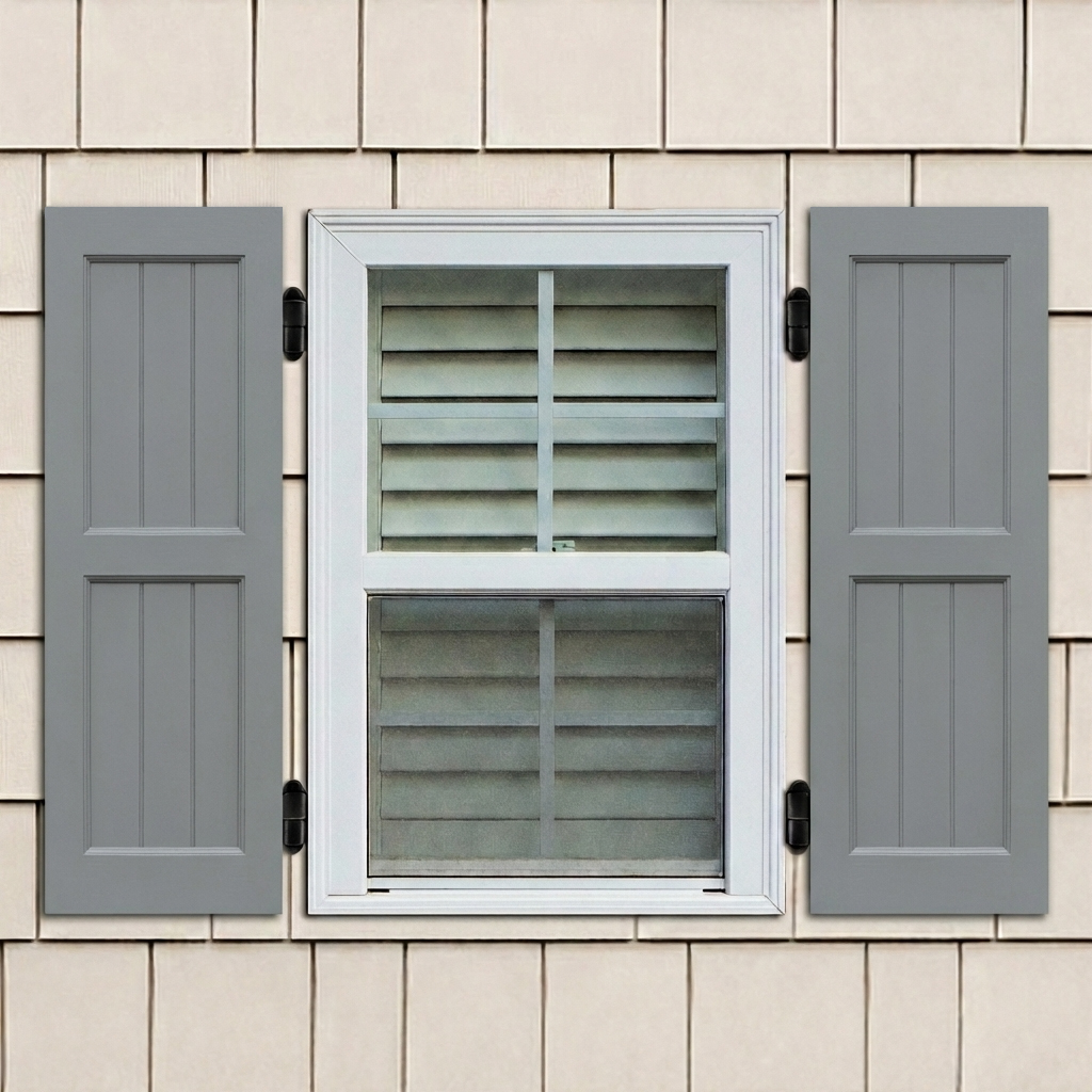 Gray exterior economy pine wood shaker panel shutters installed with functional hinges on a window.