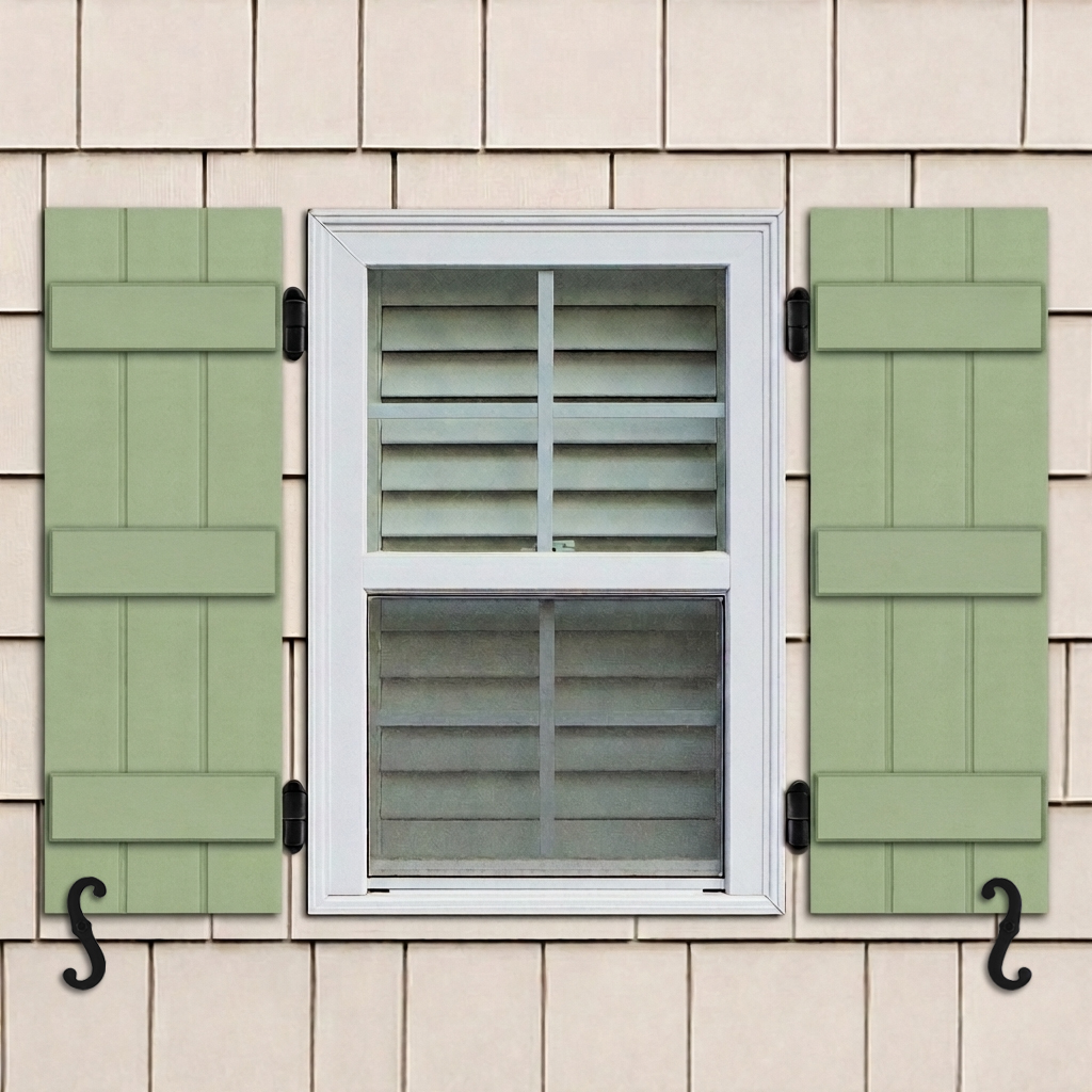 Green PVC board and batten exterior shutters installed on a window with functional hinges and shutter dogs.