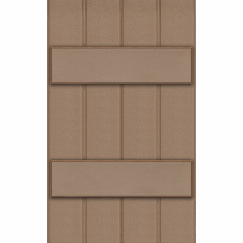 Front view of a exterior PVC board and batten shutter with two battens.