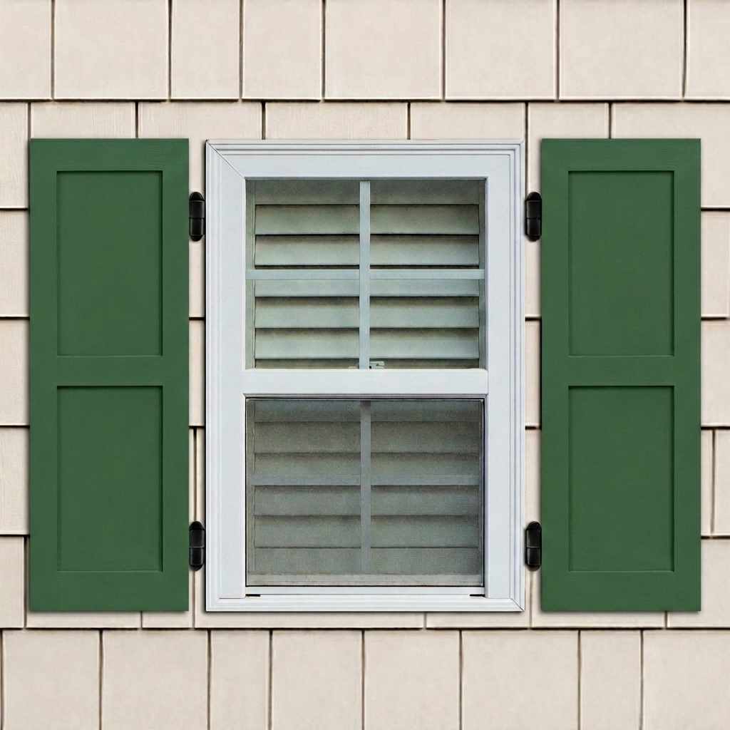 Green exterior PVC flat panel shutters installed with hinges on a window.