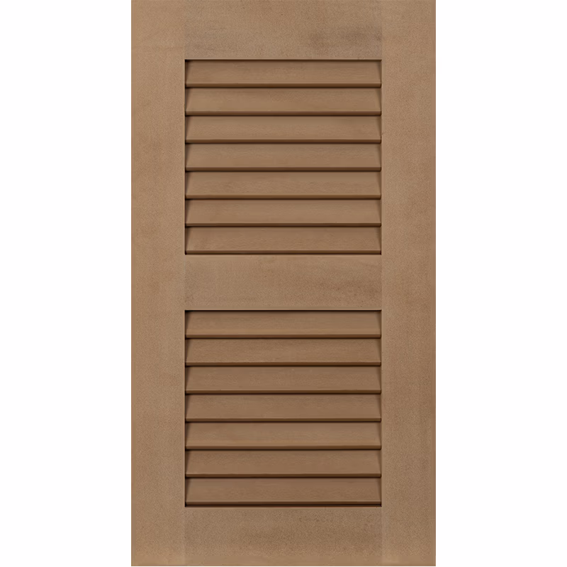 Exterior PVC louver shutter with a divider rail for functional or stationary installation.