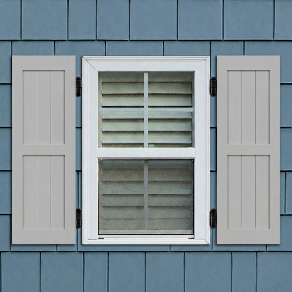 Gray exterior PVC shaker panel shutters installed with hinges on a window.