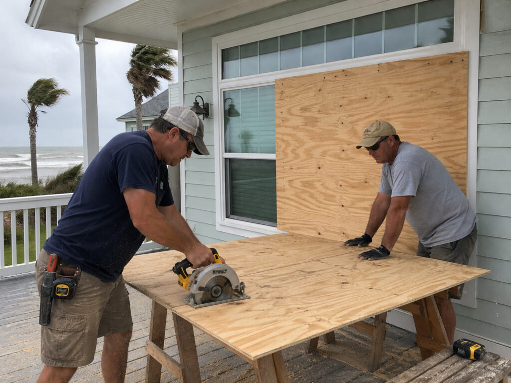 Cutting plywood storm panels to to protect windows form hurricane damage.