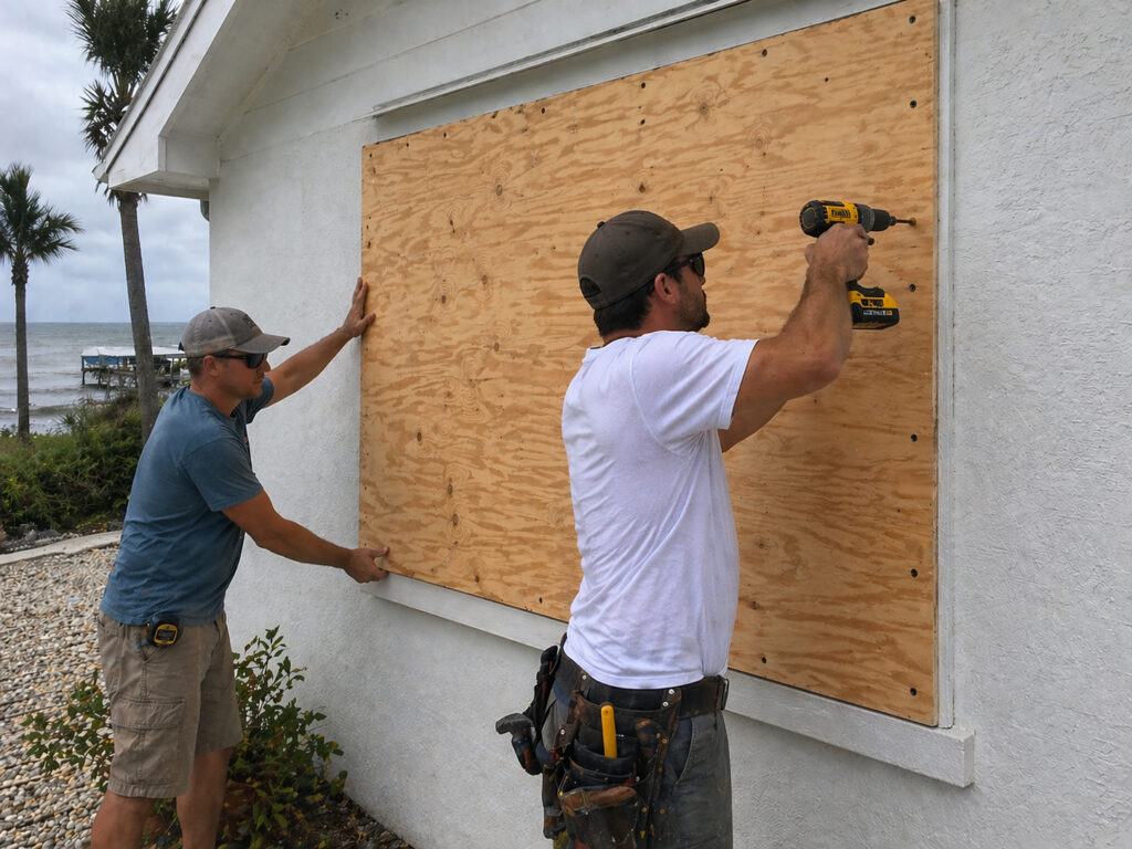 Installing exterior hurricane plywood shutters in preparation for a storm.